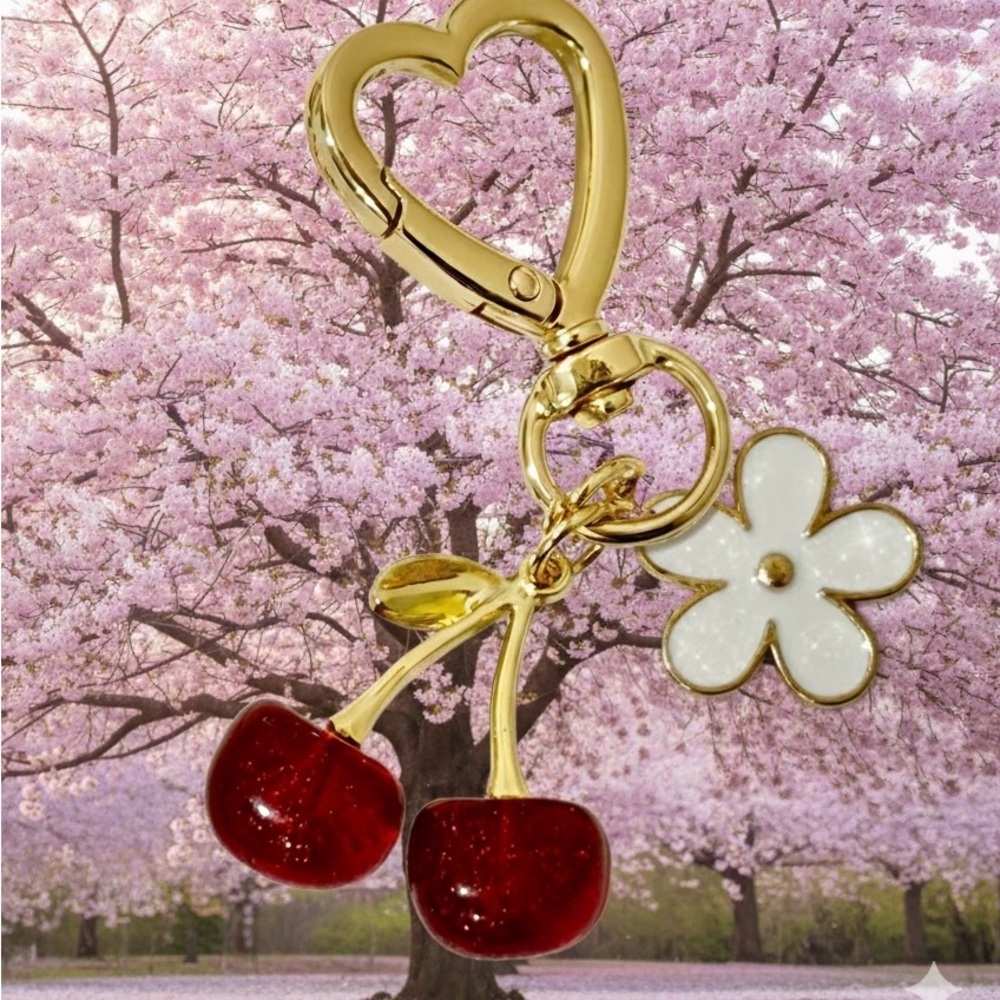 Red Cherry & Gold with White Flower Charm Keychain / Bag Charm